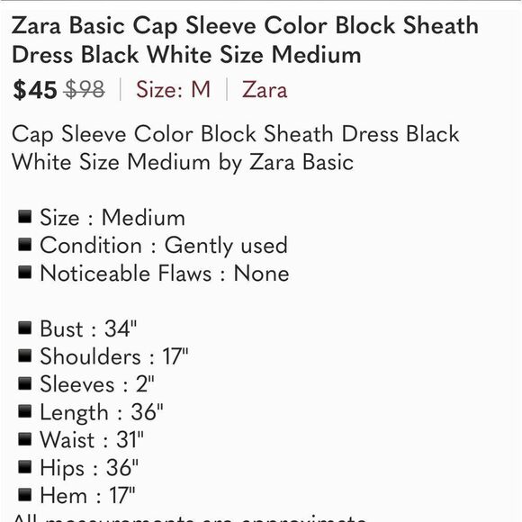 Zara Dress Scoop Neck Capped Sleeve Size Medium Slimming White Black Color Block - Picture 11 of 12